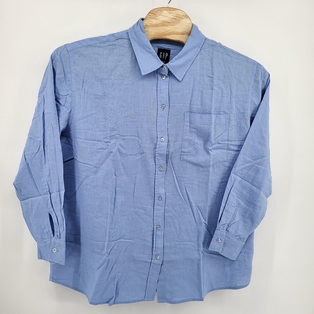 Gap Linen Blend Shirt Women Size XLarge Blue Button Long Sleeve Casual Relaxed